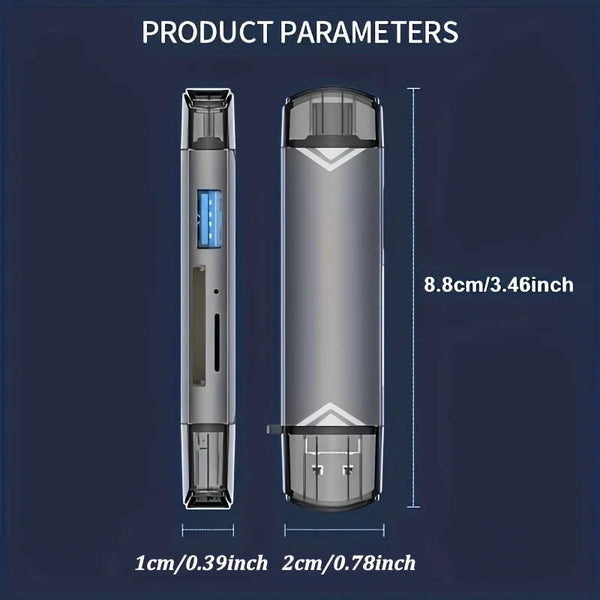 Product parameters showing dimensions of a multi-card reader adapter in vertical and horizontal views.