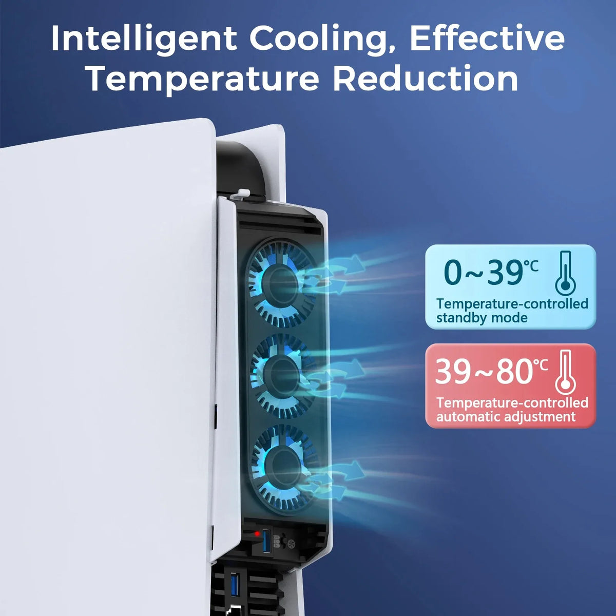 Primer plano de una consola blanca con ventilador de refrigeración integrado y hub USB, demostrando reducción inteligente de 