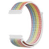 A colorful nylon loop watch strap with multiple colors and a white buckle is shown against a white background.