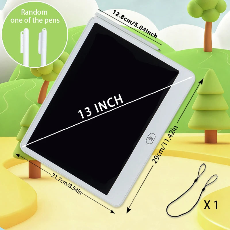 A 13 inch interactive LCD writing tablet is shown with pens and surrounding greenery.