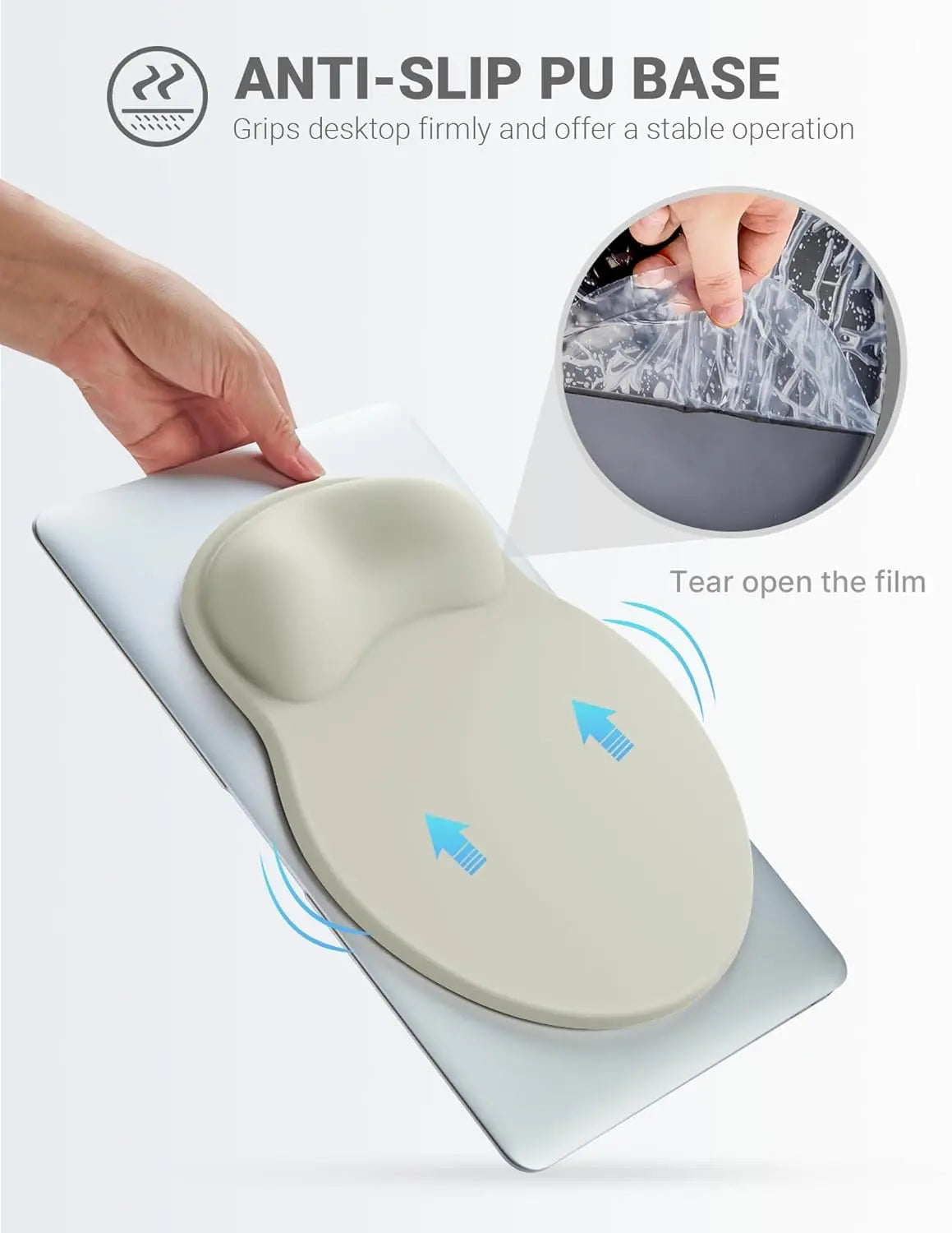 A hand is tearing open a beige anti-slip PU base mouse pad, showing its grip and texture.