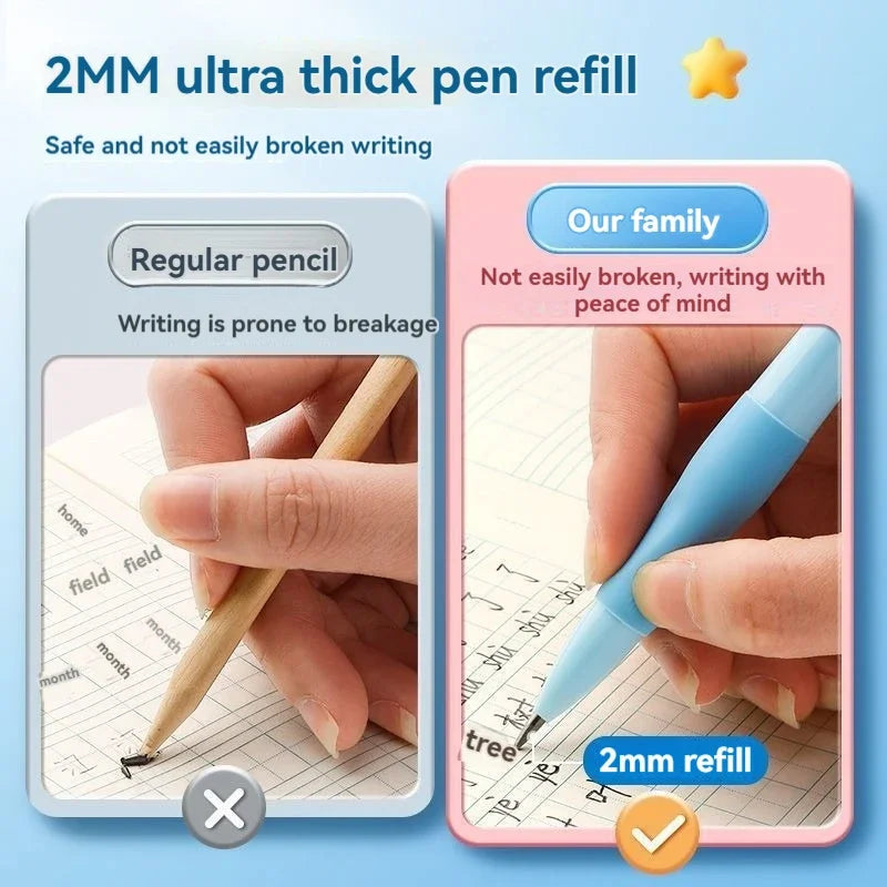 Comparación entre un lápiz común propenso a romperse y un cartucho de bolígrafo ultra grueso de 2mm para una escritura segura
