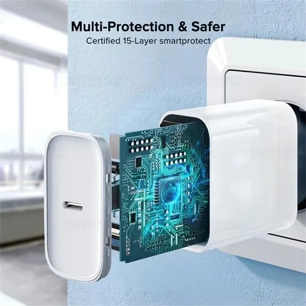 A white charging cable with a transparent protective layer is shown against a light blue wall.