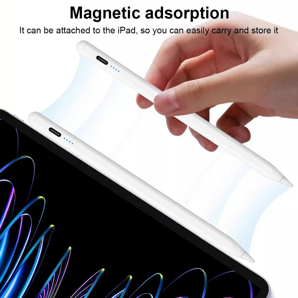 A hand is attaching a clear magnetic stylus pen to an iPad for storage and carrying.