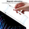 A hand is attaching a clear magnetic stylus pen to an iPad for storage and carrying.