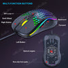 A honeycomb RGB gaming mouse is shown with various multi-function buttons and features like a scroll wheel and optical engine