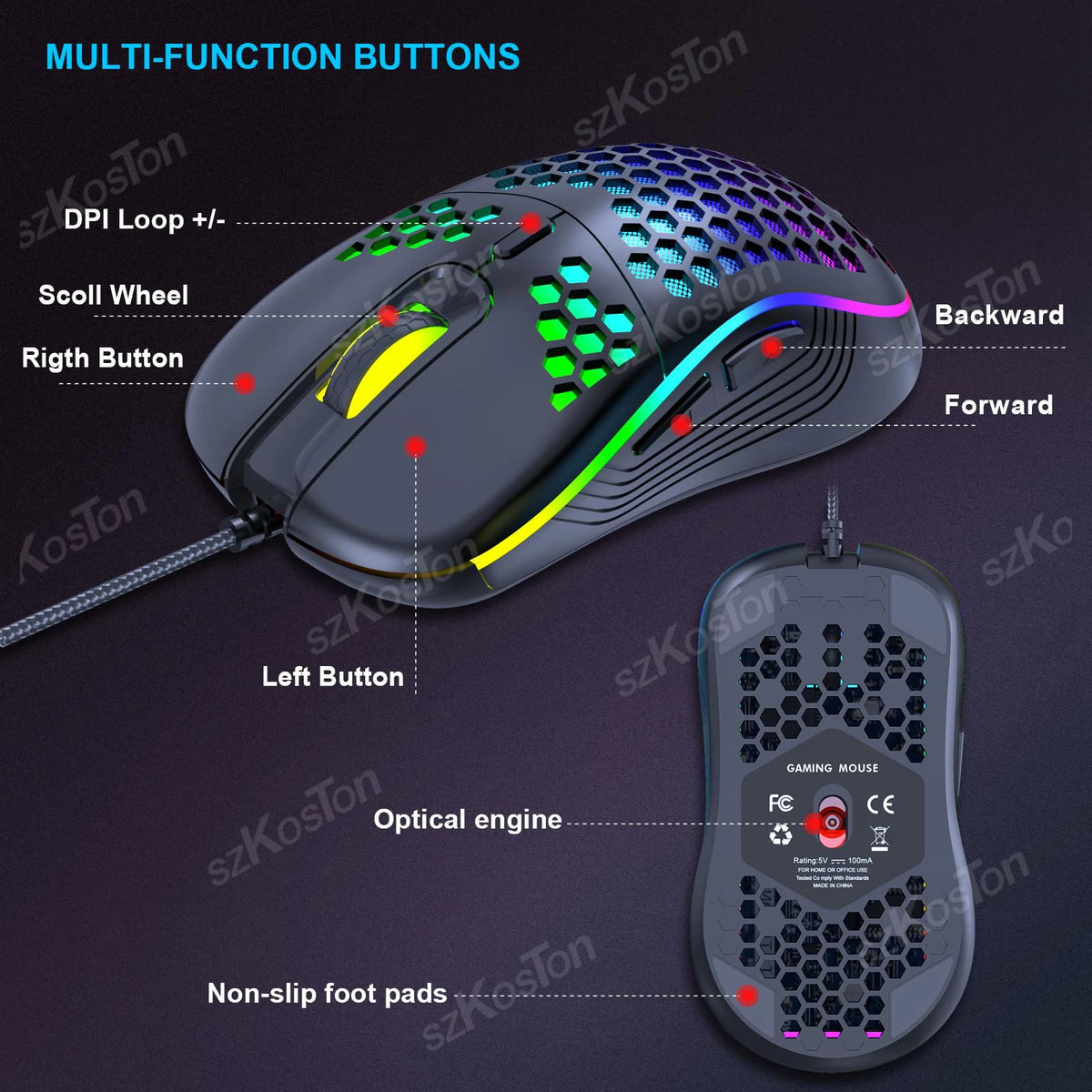 A honeycomb RGB gaming mouse is shown with various multi-function buttons and features like a scroll wheel and optical engine