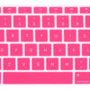 A close-up view of a pink silicone keyboard cover for a laptop, showing the full layout of a standard QWERTY keyboard.