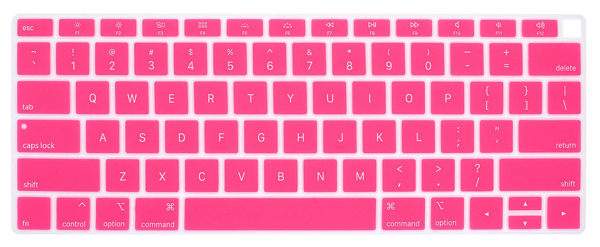 A close-up view of a pink silicone keyboard cover for a laptop, showing the full layout of a standard QWERTY keyboard.