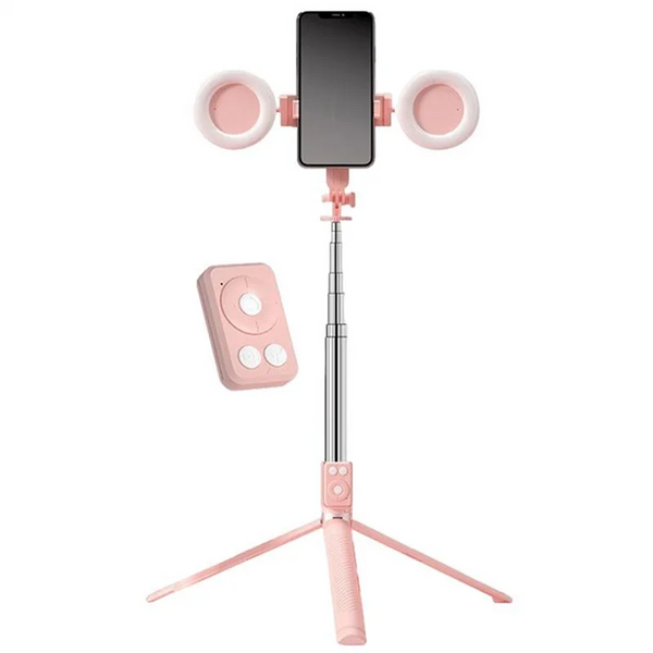 A pink multifunctional selfie stick tripod with a smartphone mount and two circular lights.