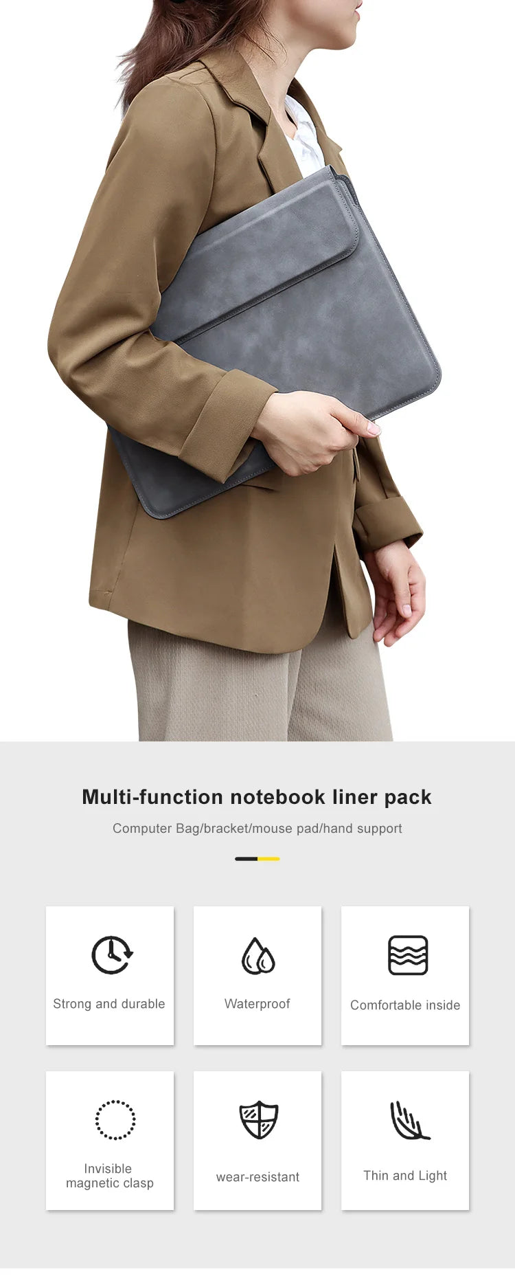 Eine Frau hält eine Mehrzweck-Notizbuch-Einlegepackung in einem Tan-Blazer und zeigt deren Designmerkmale.