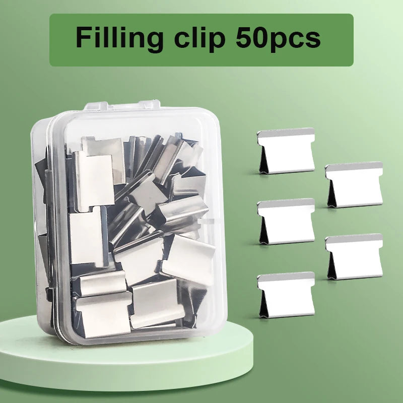 A clear plastic container filled with 50 stainless steel binder clips for filing.