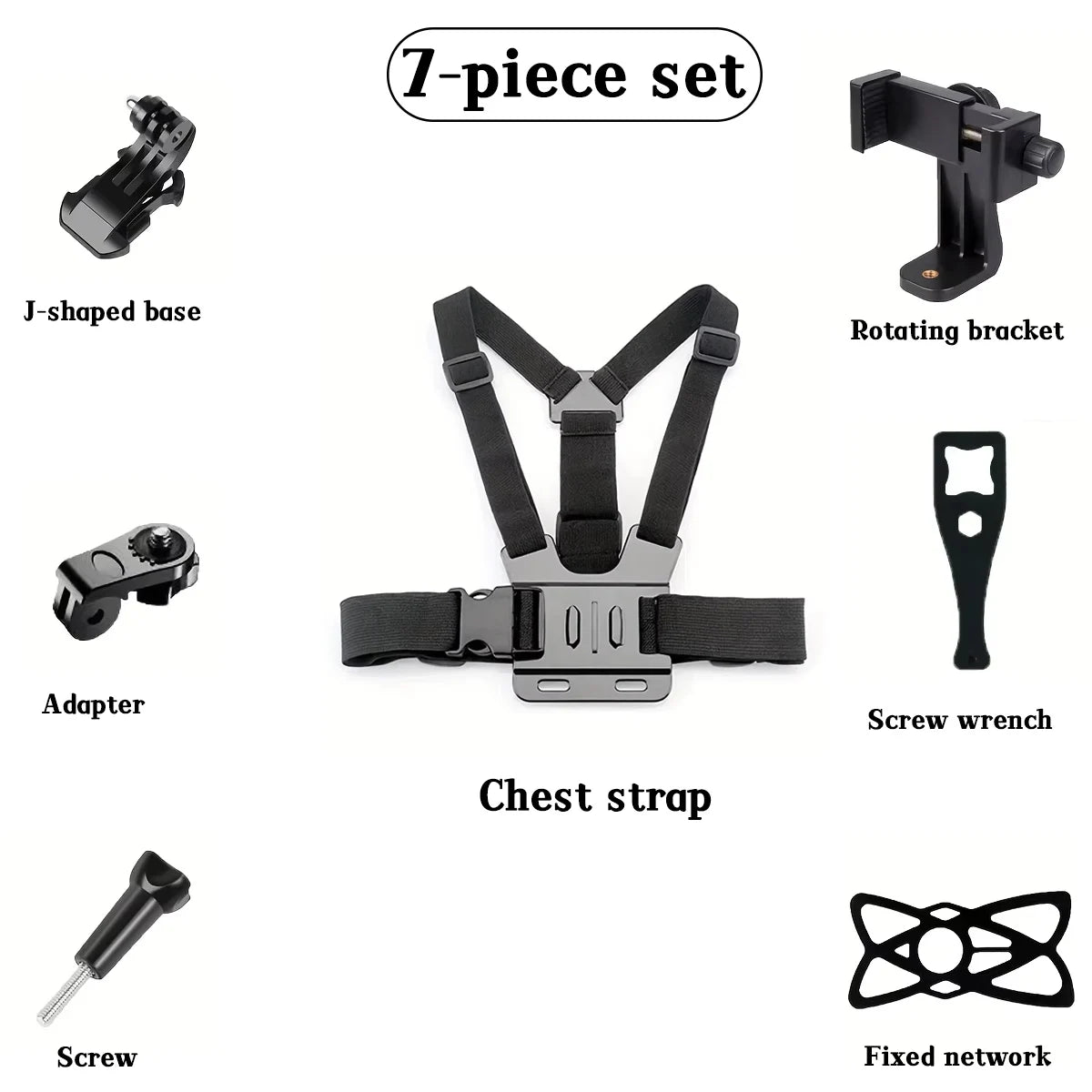 A 7-piece set of components for an adjustable head and chest mount, including a J-shaped base, rotating bracket, adapter, che