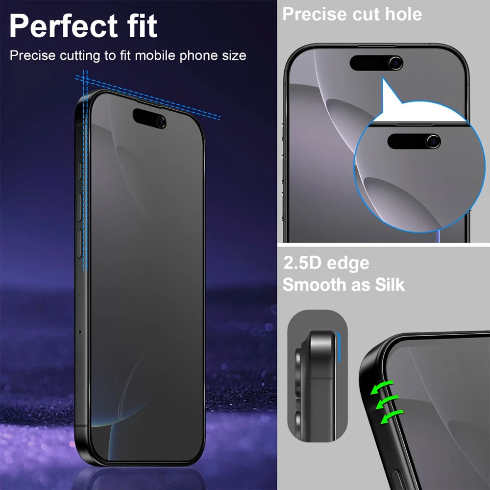 A close-up view of a black smartphone with a clear cut hole, demonstrating a perfect fit screen protector film.