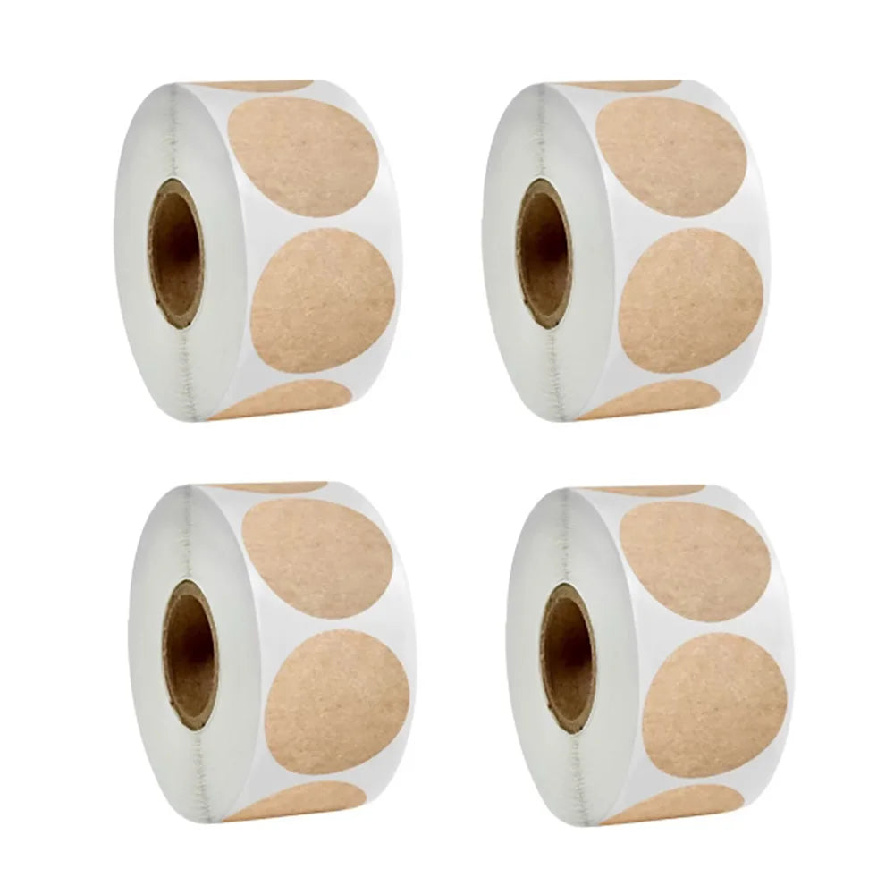 Four rolls of kraft paper self-adhesive round labels for organization, showing the label pattern and roll structure.