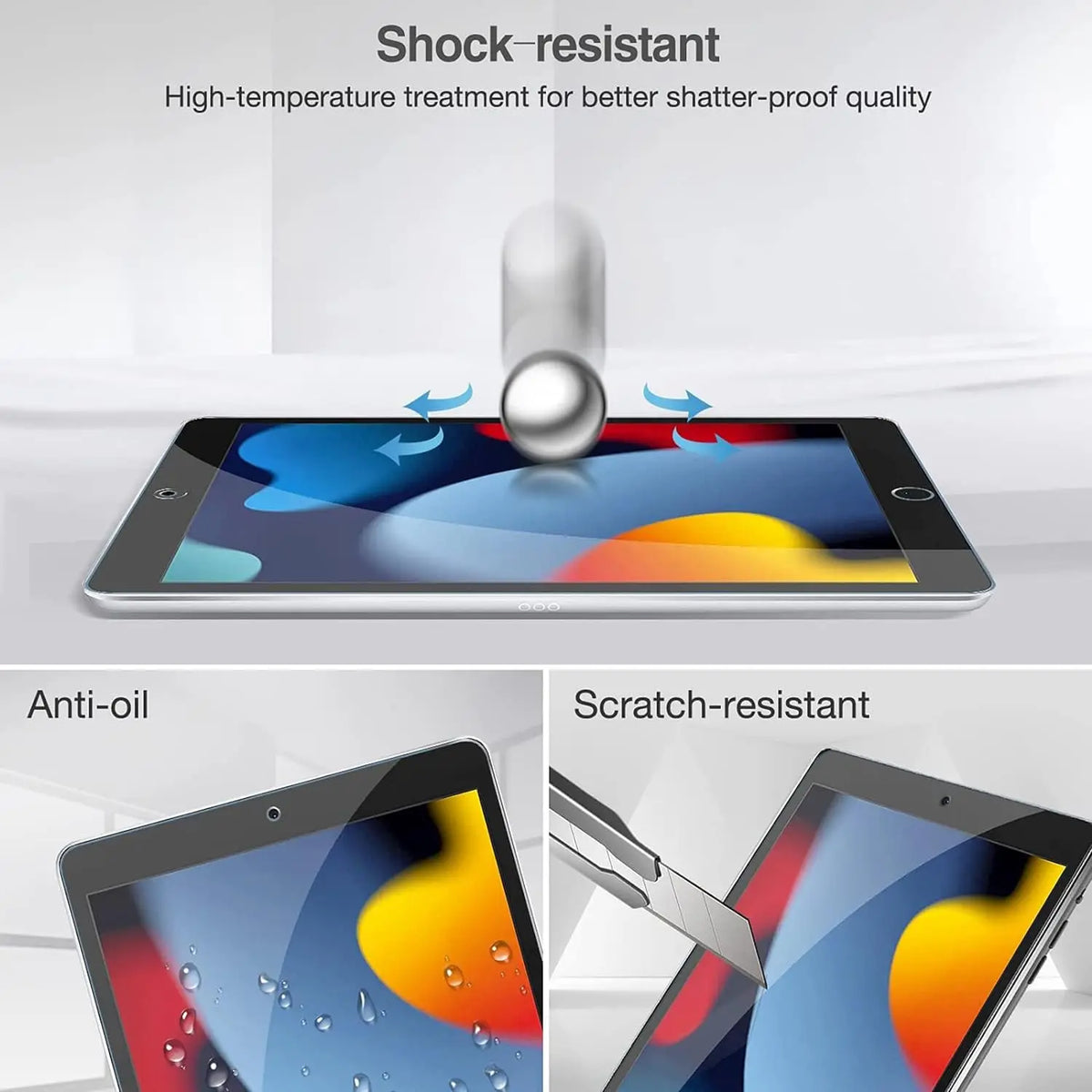 Primer plano de un protector de pantalla de vidrio templado aplicándose a una pantalla de iPad, destacando su resistencia a i