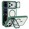 A green magnetic shockproof iPhone case with a camera lens protection cover shown in various configurations.