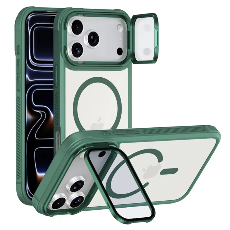 A green magnetic shockproof iPhone case with a camera lens protection cover shown in various configurations.