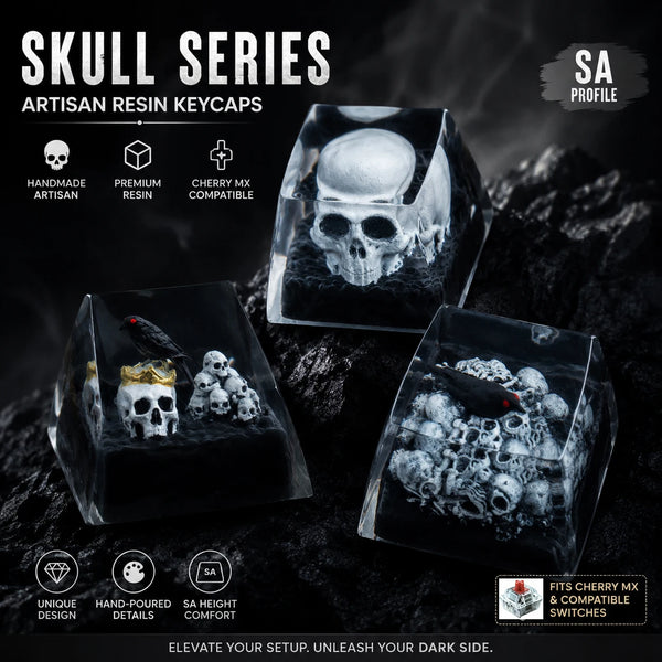 A set of black artisan resin keycaps featuring a gothic skull design, displayed on a dark surface.