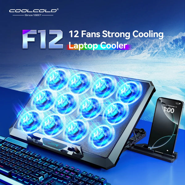Un enfriador para laptop con 12 ventiladores junto a una laptop y teclado sobre una superficie azul.