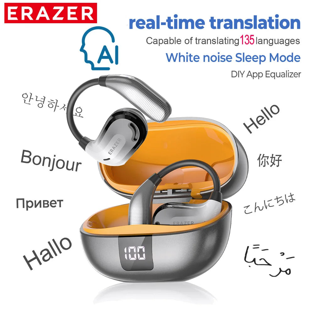 A set of ERAZER AI translation Bluetooth earphones in black and orange packaging, demonstrating real-time language translatio
