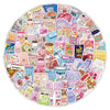 A circular arrangement of colorful cartoon stickers featuring various food items and characters for journaling and decoration