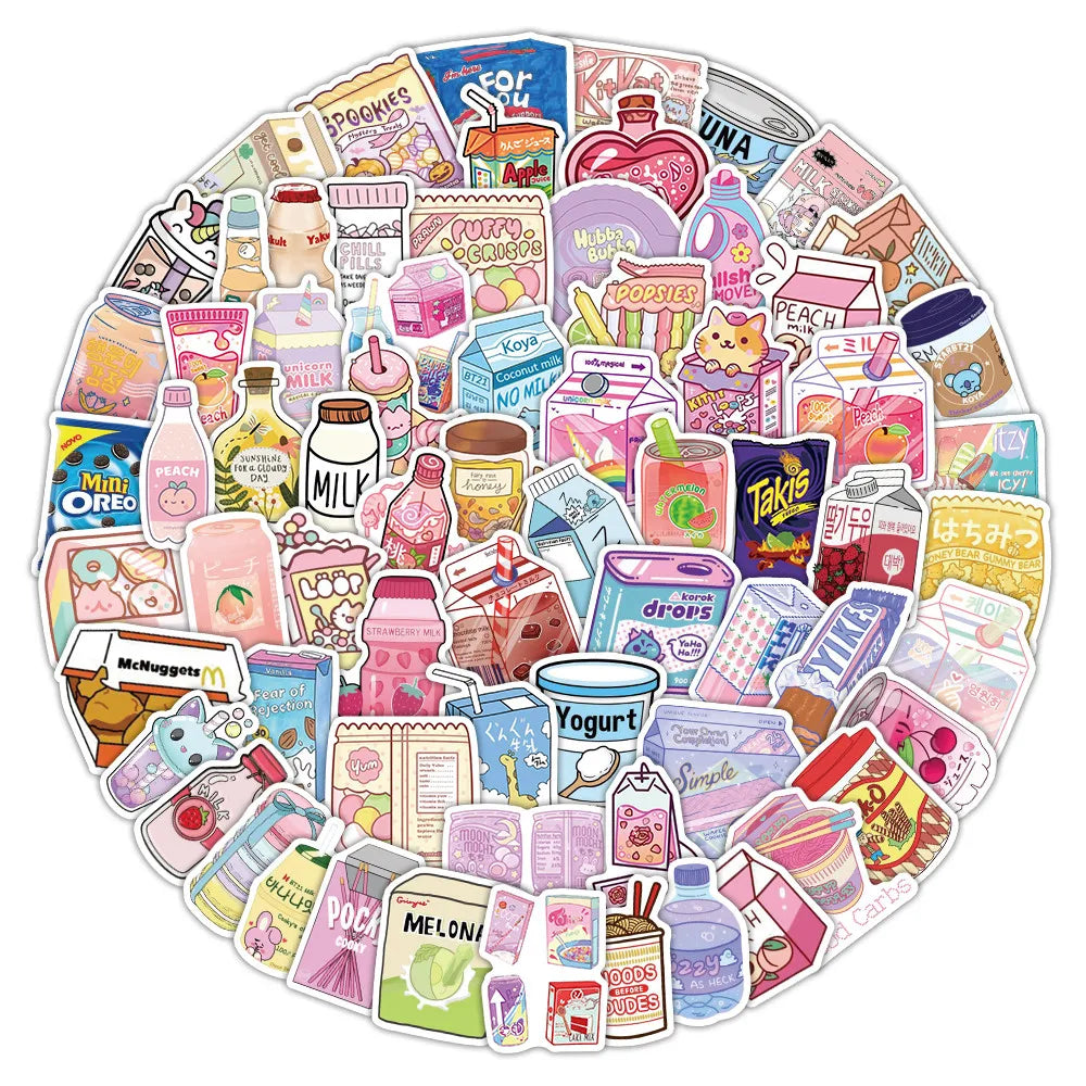 A circular arrangement of colorful cartoon stickers featuring various food items and characters for journaling and decoration