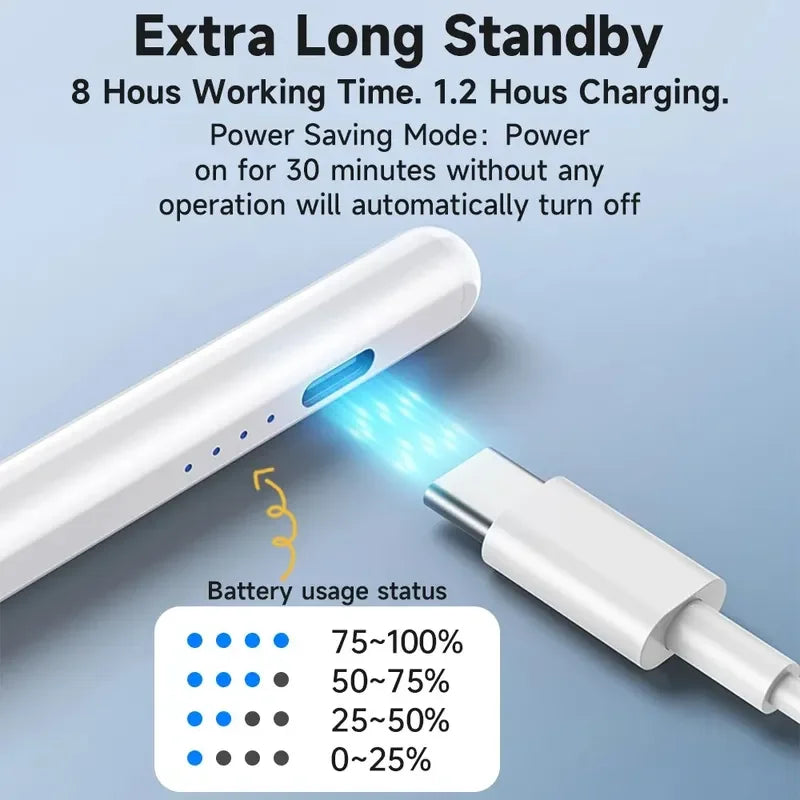 A white precision stylus pen is shown emitting a blue light, illustrating battery usage status indicators.