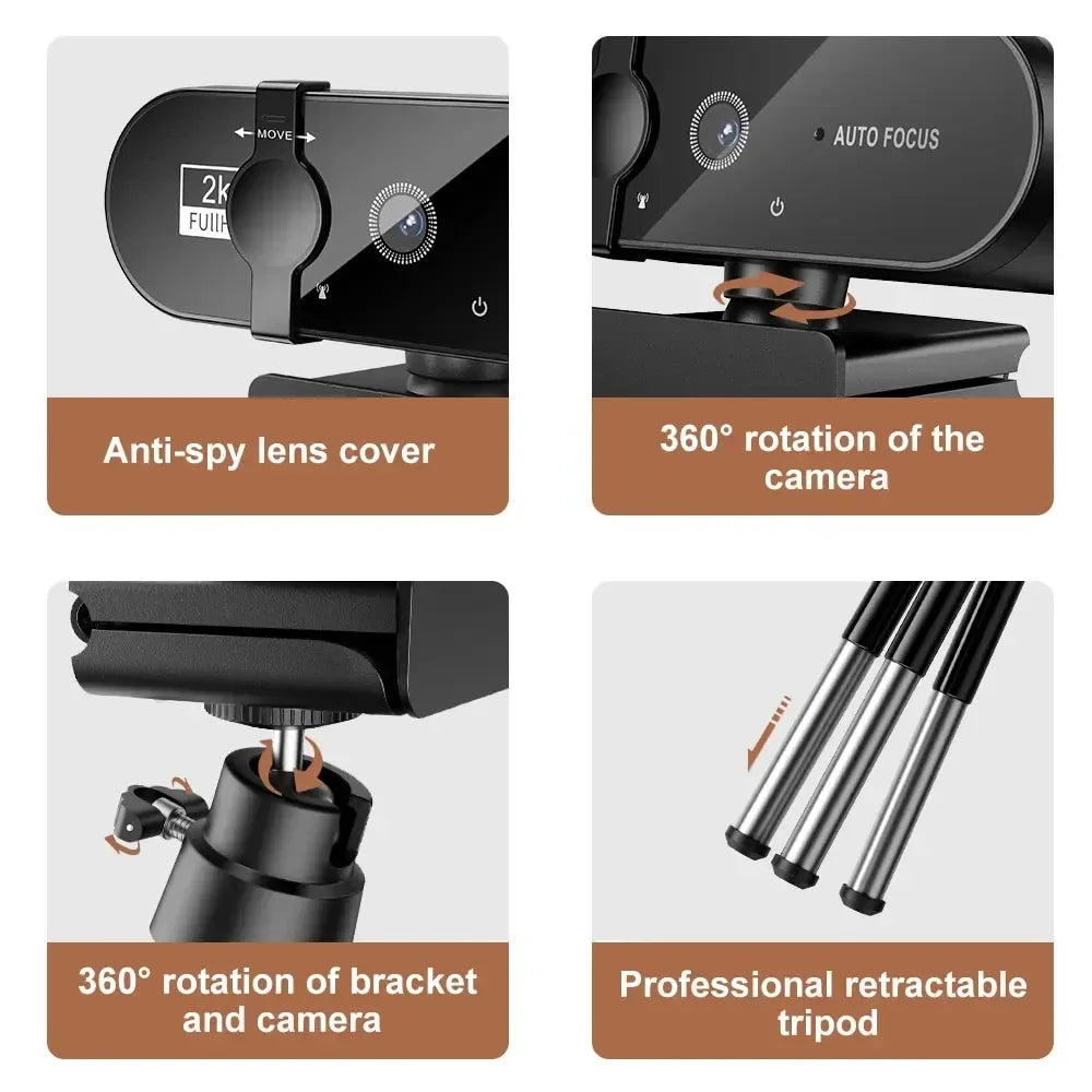 Black webcam featuring an anti-spy lens cover, 360-degree camera rotation, and a professional retractable tripod.
