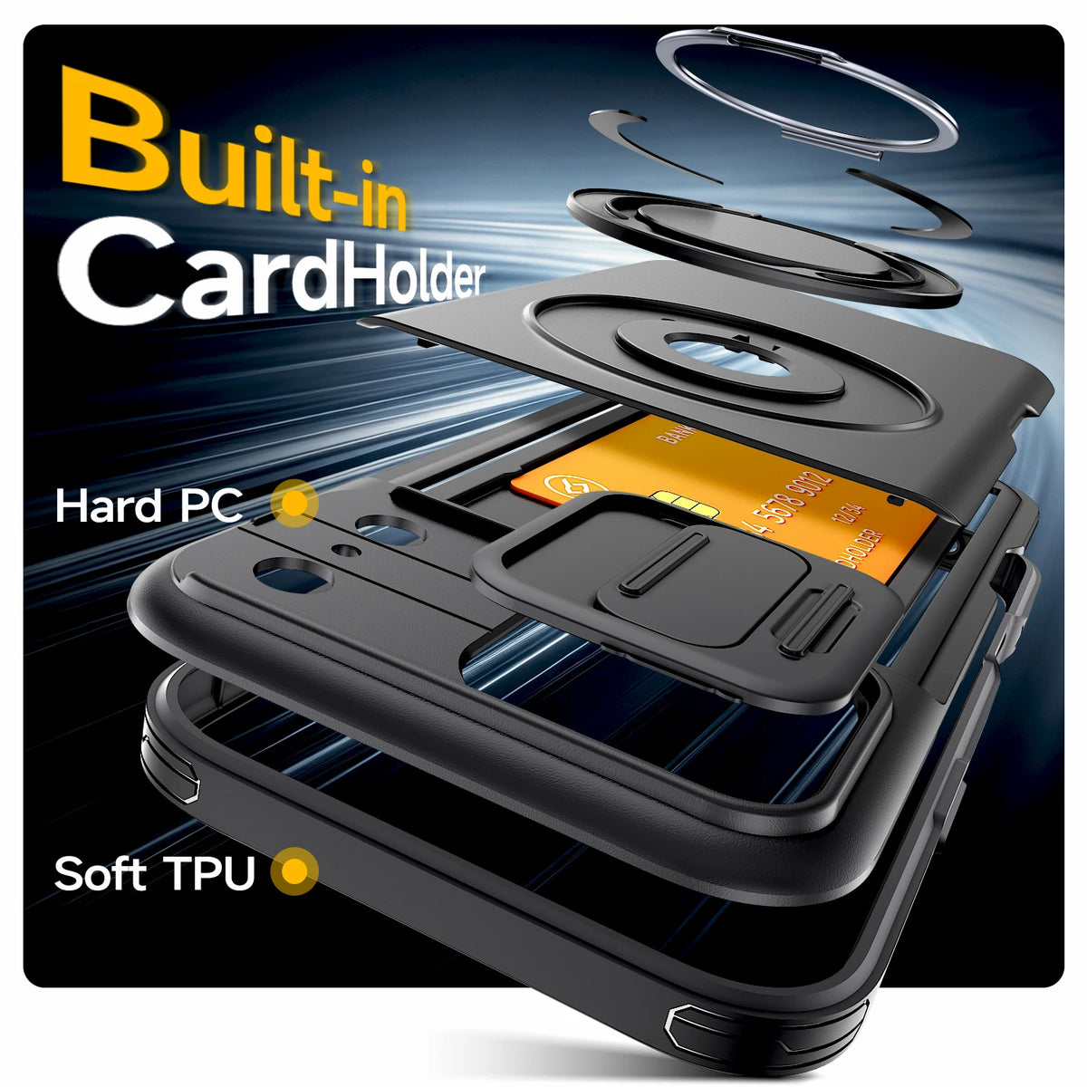 Schwarzer integrierter Kartenhalter und Wallet-Case für iPhone aus hartem PC und weichem TPU-Material.