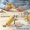 A yellow hot melt glue gun is shown being used to create jewelry, with various beads and findings nearby.