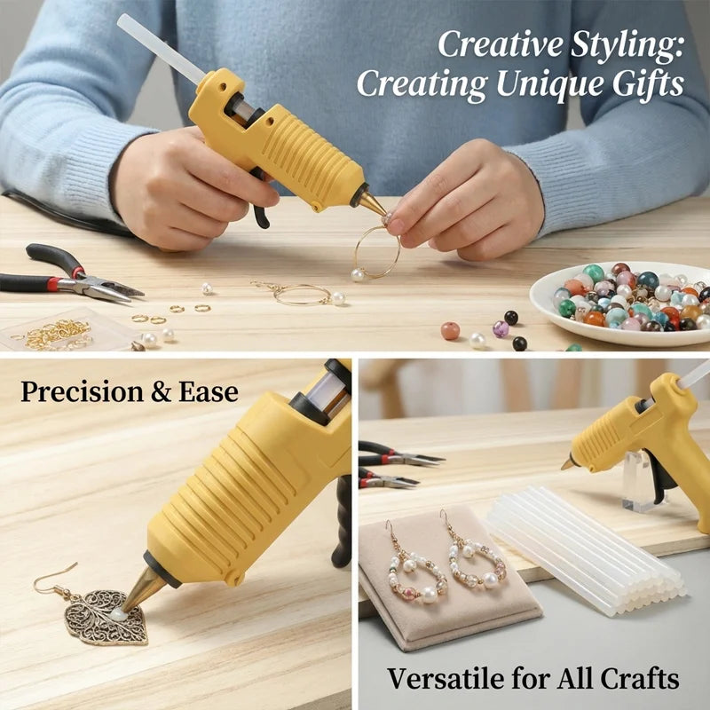 A yellow hot melt glue gun is shown being used to create jewelry, with various beads and findings nearby.