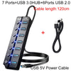 موزع USB 3.0 أسود بـ 7 منافذ وكابل طاقة على خلفية بيضاء.
