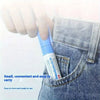 A hand is shown placing a small blue thermal paper eraser into the pocket of denim jeans.