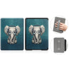 A dark teal leather case featuring an elephant design, shown with a hand demonstrating the case's features.