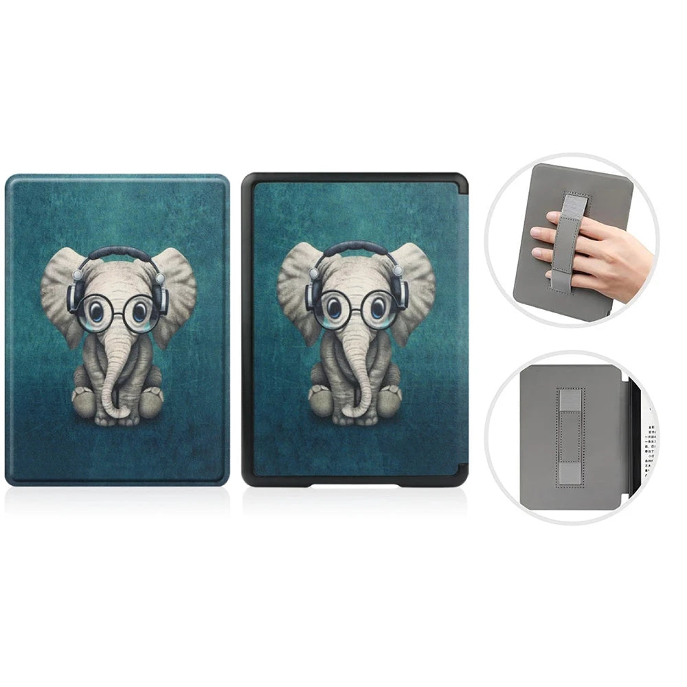 A dark teal leather case featuring an elephant design, shown with a hand demonstrating the case's features.