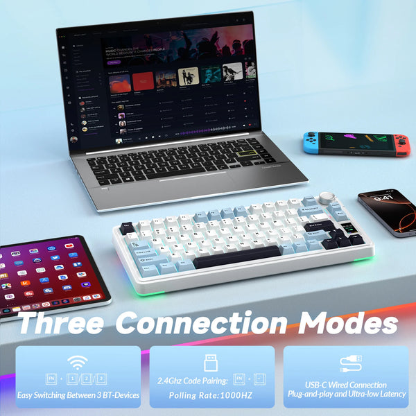 A laptop, a compact keyboard, and a smartphone are displayed with text describing three connection modes for a Tri-Mode RGB M