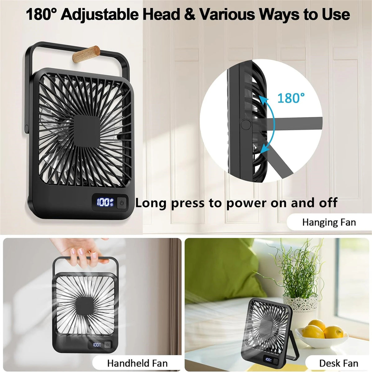 A black portable USB rechargeable desk fan shown in various uses including a hanging and handheld version.