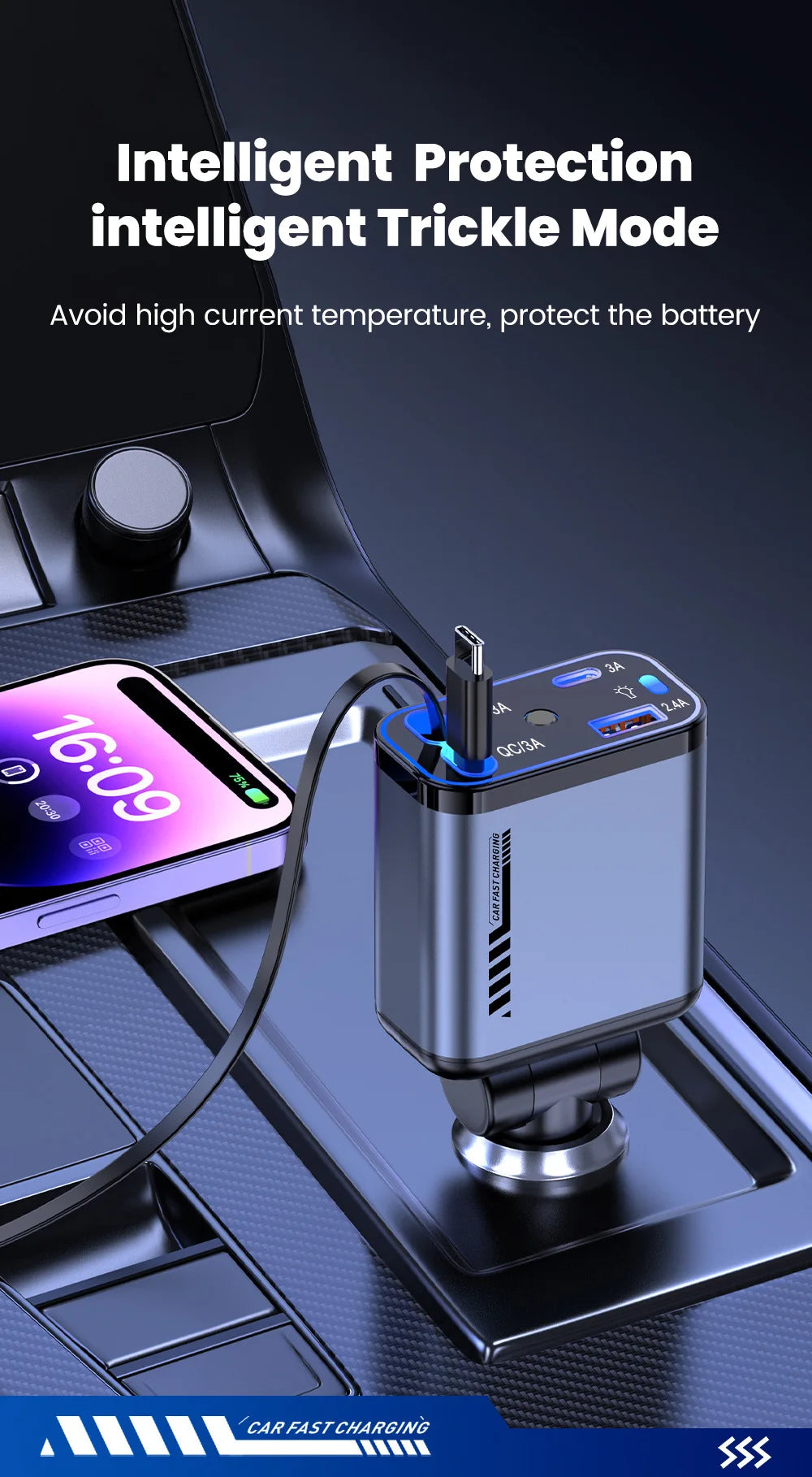 Nahaufnahme eines intelligenten Trickle-Modus-Auto-Ladegeräts, das in einen Fahrzeuganschluss gesteckt ist und den Batteriest