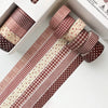 A set of six rolls of red and white plaid and polka dot washi tape for crafting and journaling displayed in its packaging.