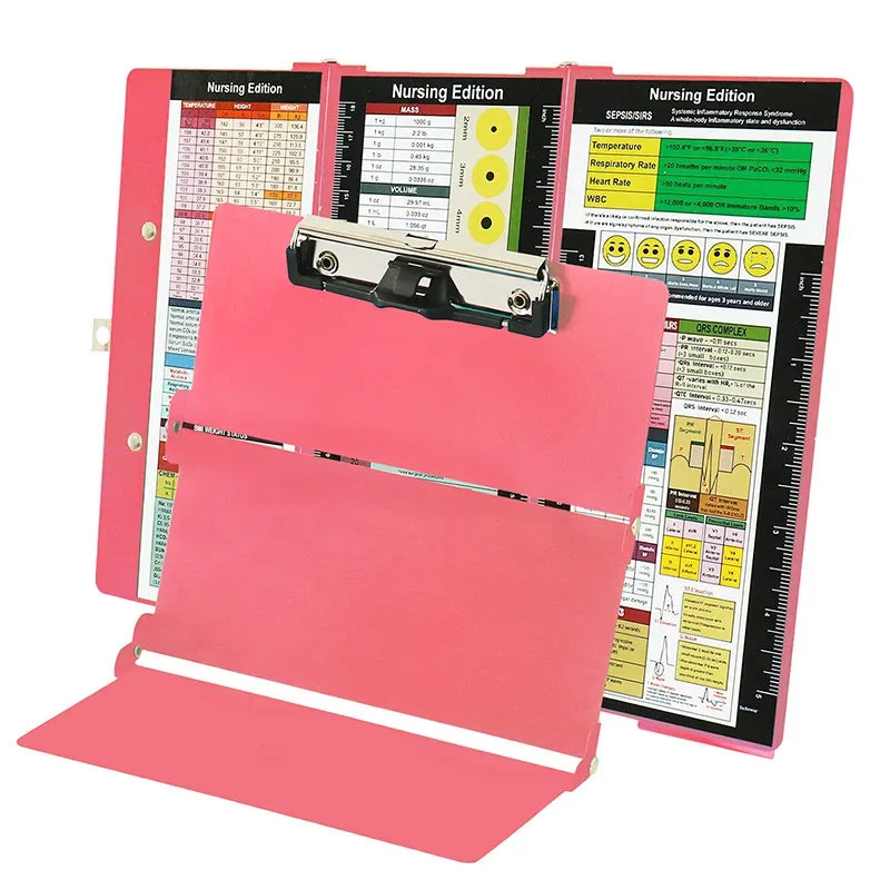 A pink A4 foldable medical clipboard with multiple nursing edition sheets and a clear plastic cover.