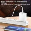 A white charging adapter and cable are shown next to a smartphone, illustrating active protection and safe trickle charging.