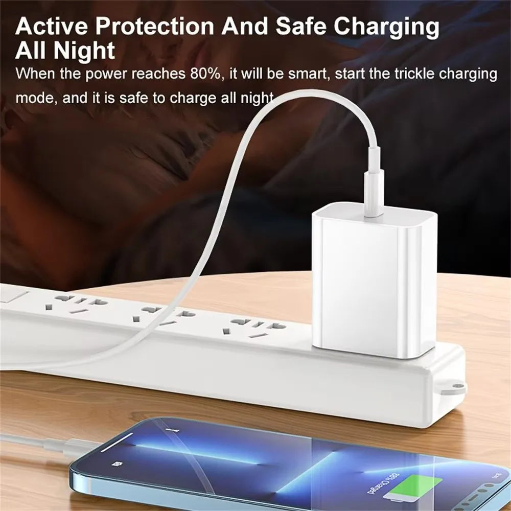 A white charging adapter and cable are shown next to a smartphone, illustrating active protection and safe trickle charging.