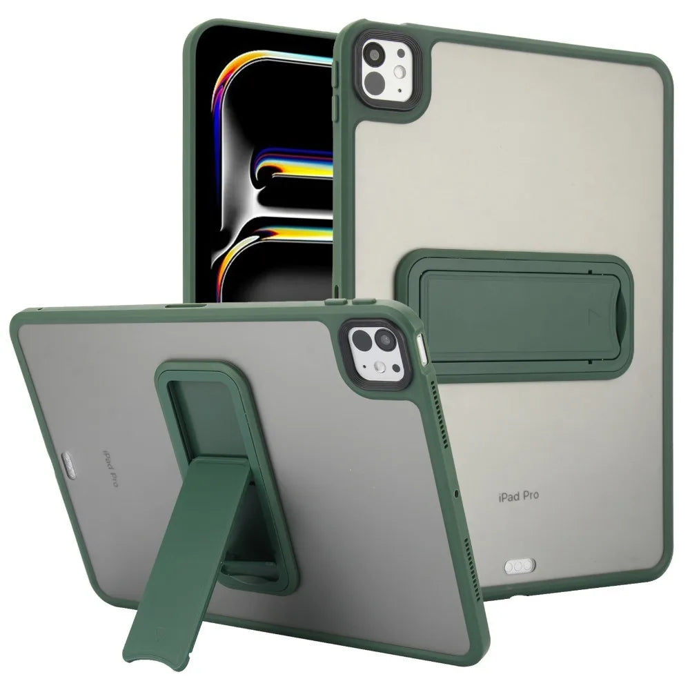 A matte green protective case for an iPad Pro showing the device and a separate cover.