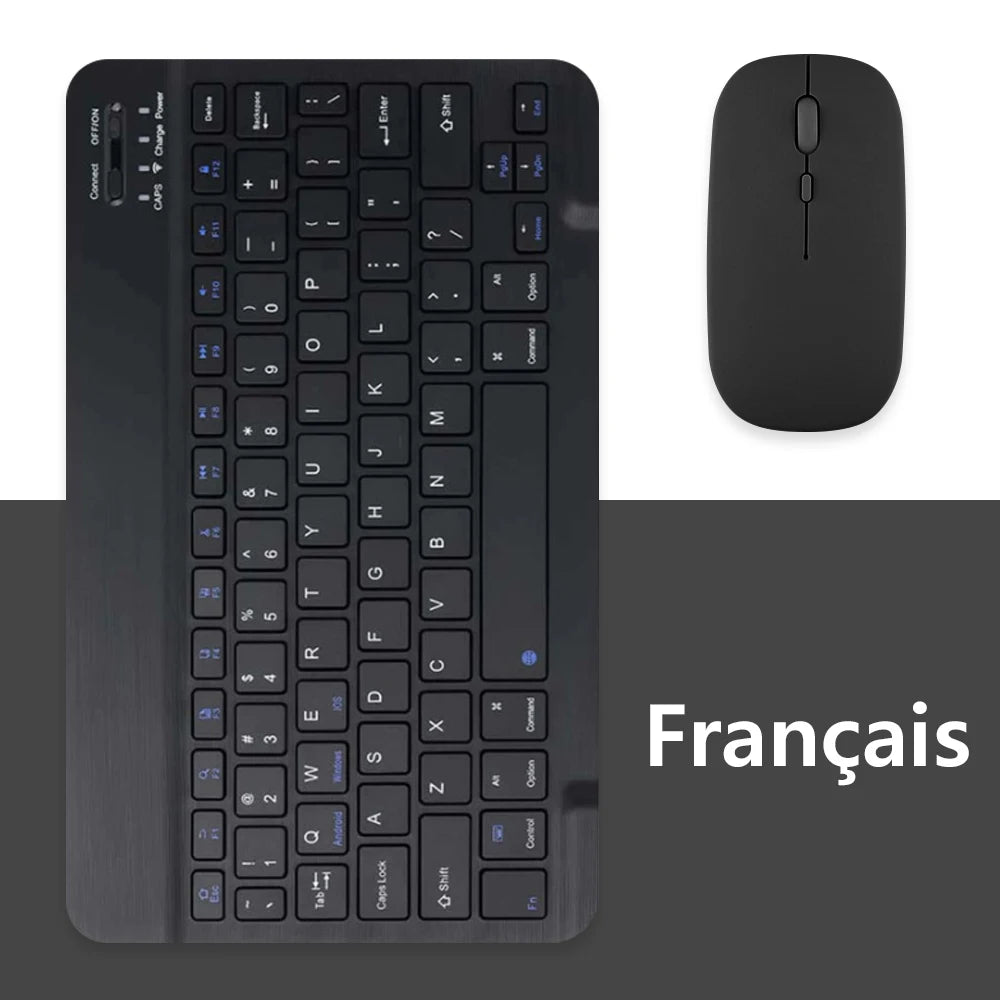 Un clavier et une souris Bluetooth universels noirs avec disposition française, à côté de la souris.