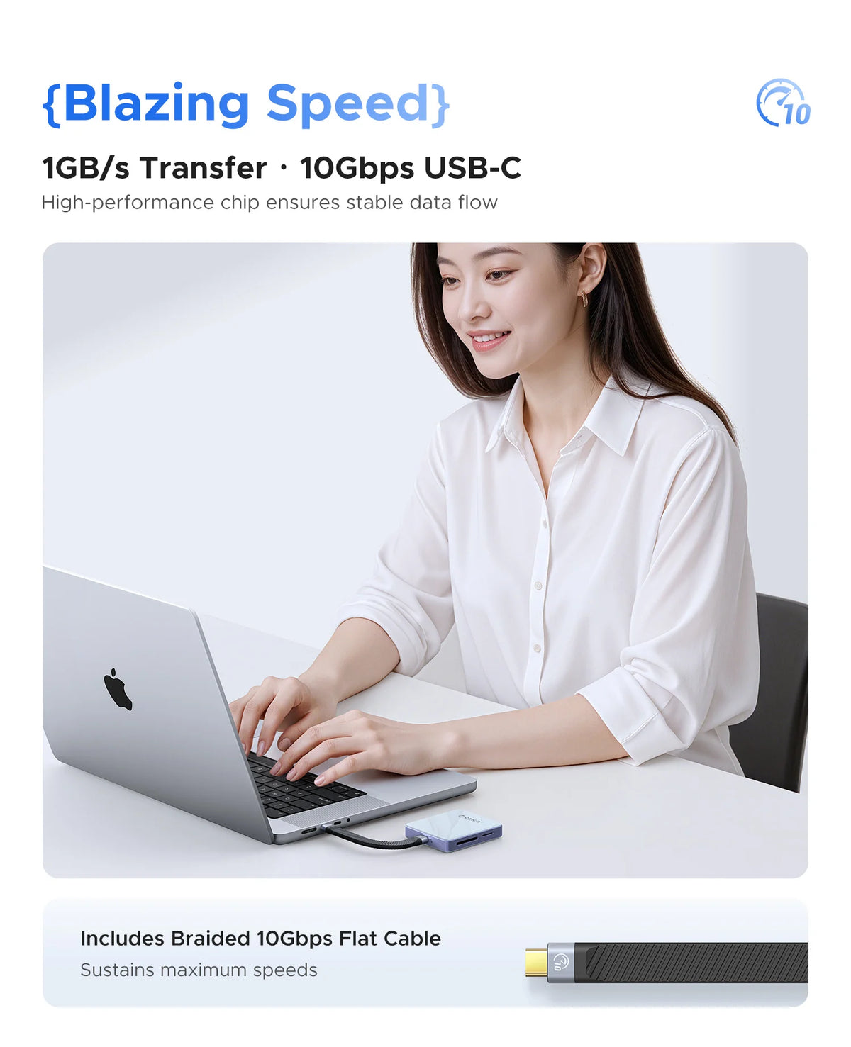 Una mujer usa una laptop y un cable trenzado para transferir datos, demostrando alta velocidad del chip.