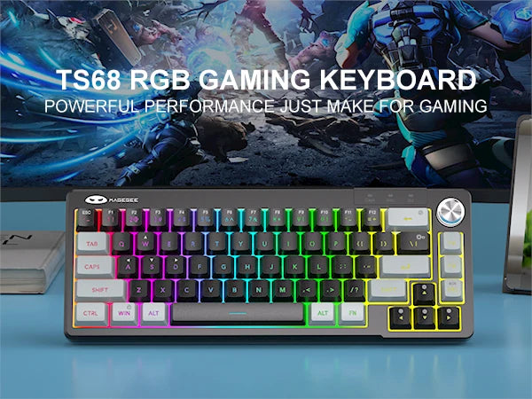 A close-up view of a compact 68-key RGB gaming keyboard with various colored keys and a silver frame.
