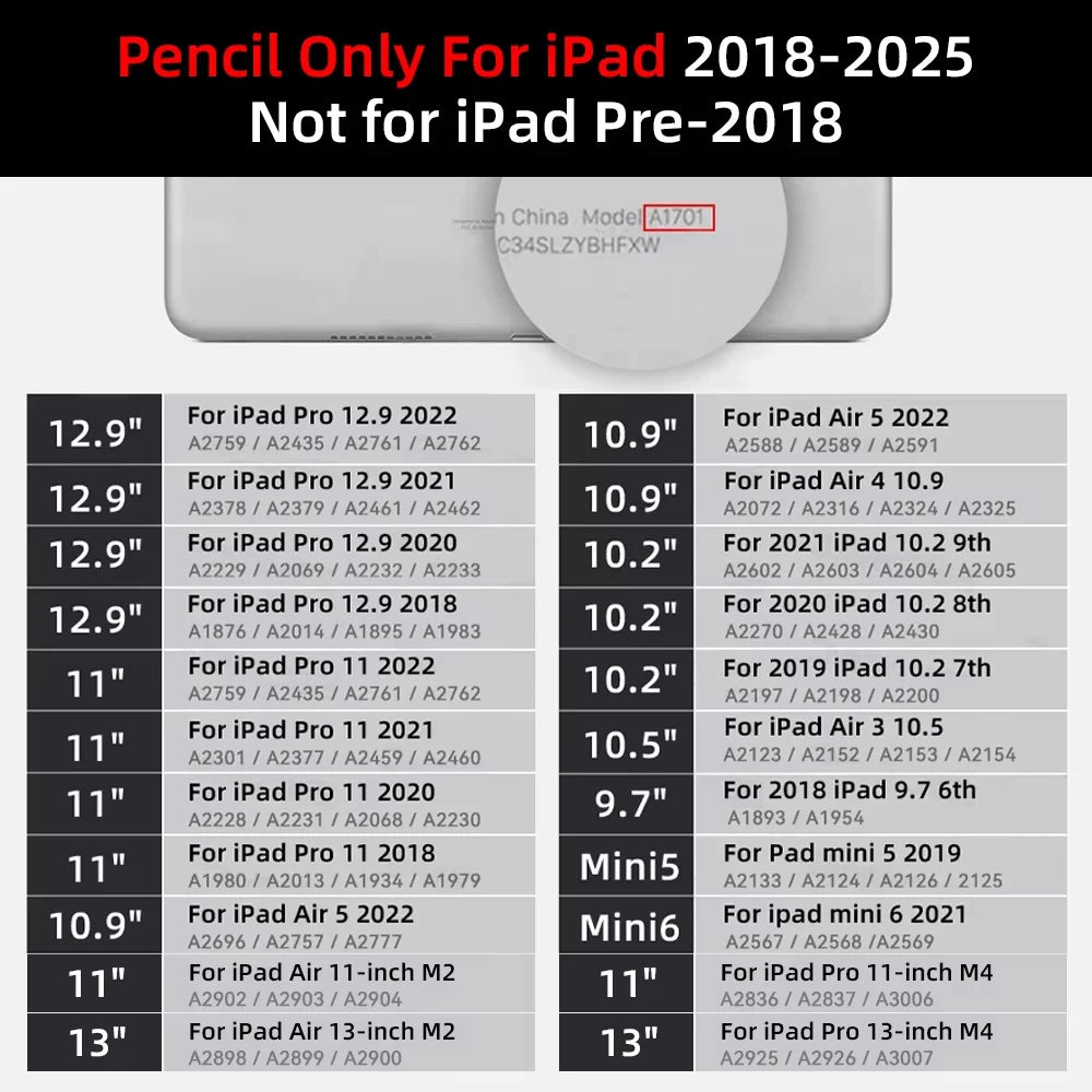 A collection of Apple Pencil models for iPad, including Pencil Only for iPad 2018-2025 and various generations.