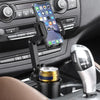 A universal car cup holder mount with a 360-degree rotating phone holder is shown in a vehicle interior.