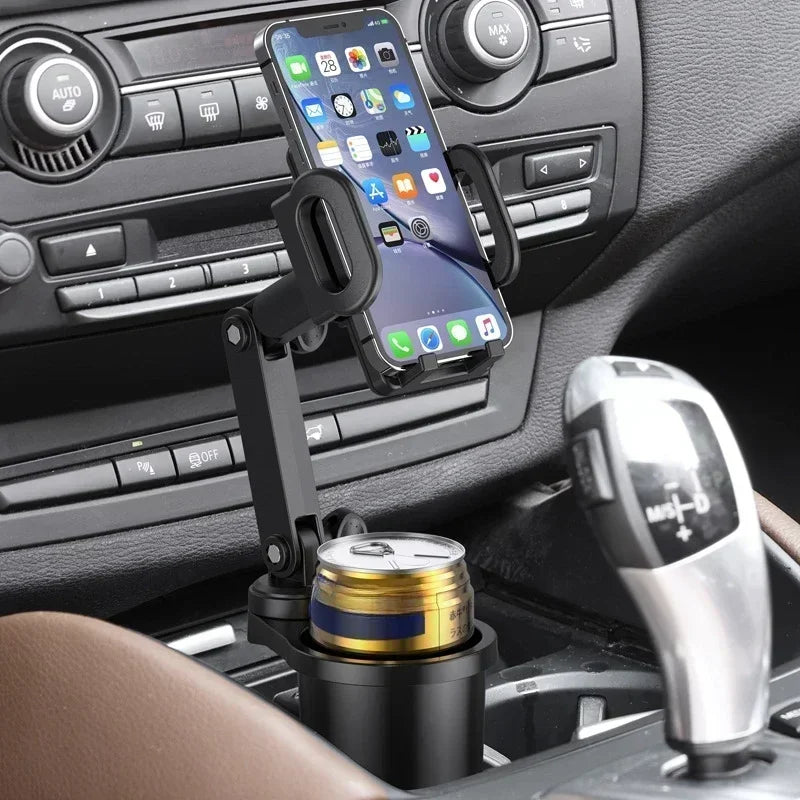 A universal car cup holder mount with a 360-degree rotating phone holder is shown in a vehicle interior.